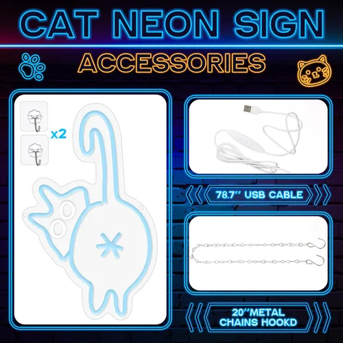 Miniatura 2 de Retisee Letrero de neón de gato con brillo ajustable, interruptor USB, decoración de pared, adorable letrero de neón para dormitorio, zoológico