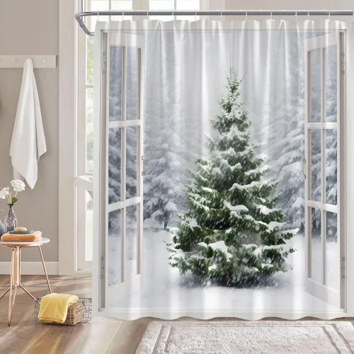 Miniatura 8 de Cortina de ducha de Navidad de invierno con pájaros rojos de Navidad, pájaros, árbol de pino, rama, bosque, copo de nieve, nevada, día festivo