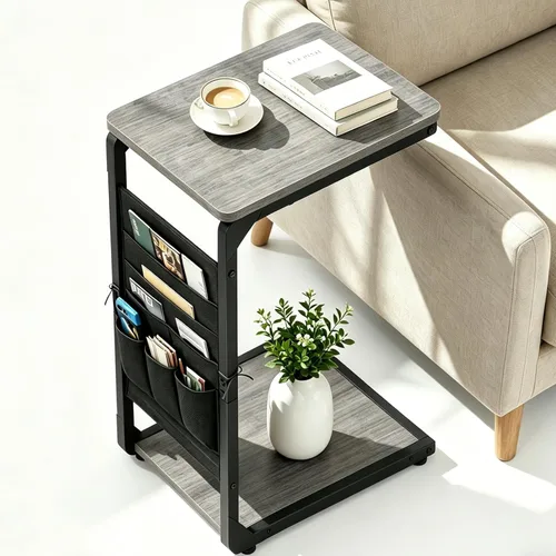 Miniatura 12 de Bandejas de TV con pedestal de madera para comer en mesas de sofá que se deslizan por debajo, mesa auxiliar en forma de C, mesa auxiliar para sofá