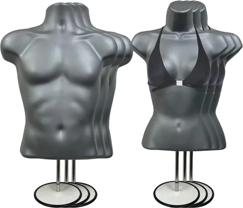 Miniatura 39 de Torso de maniquí masculino y femenino con soporte de metal, cuerpo hueco en la espalda, forma de vestido apilable para exhibición de camisetas, Gris