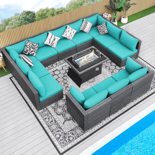 Miniatura 47 de BULEXYARD Juego de 7 piezas de sofá seccional para exteriores con respaldo alto, mesa para fogatas, juego de muebles de patio de mimbre resistente a
