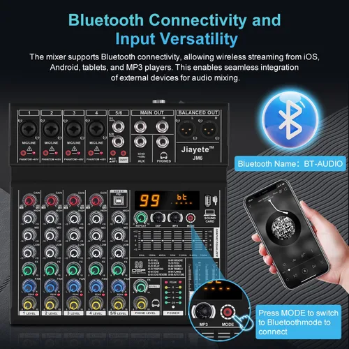 Miniatura 6 de Mezclador DJ de 6 canales, mezclador de audio profesional, metal, efectos preestablecidos DSP 99, tablero de sonido Bluetooth, alimentación fantasma