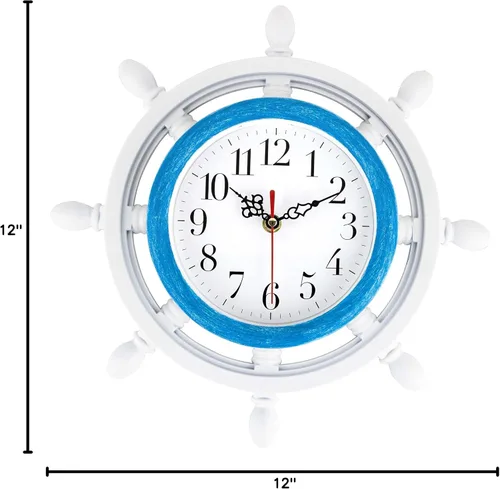 Miniatura 3 de Reloj de pared de rueda de envíos, colores azul y blanco costero, para decoración del hogar, tema náutico, playa o mar, silencioso, movimiento