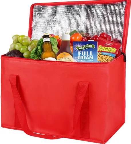 Miniatura 21 de musbus - Paquete de 2 bolsas de compra aislantes XL, rojas, reutilizables, de alta resistencia, con cierre, plegables, para compras, para coche