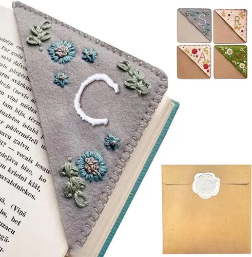 Miniatura 87 de Marcapáginas de esquina bordado a mano personalizado, 26 letras con costura a mano de fieltro, marcapáginas de esquina con bordado de flores lindo