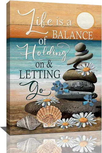 Miniatura 31 de Lienzo inspirador de playa costera, arte para pared, diseño de piedras zen, puesta de sol y océano, decoración de pared, citas de vida, impresiones