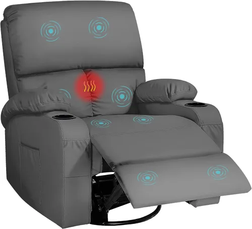 LAFWELL Silla reclinable mecedora, silla reclinable de masaje con masaje por vibración y calor, sillas giratorias de piel sintética de 360°, sala de