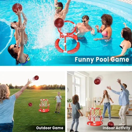 Miniatura 2 de SpringFlower Aro de baloncesto para piscina, juguetes flotantes para piscina, juego de anillo con lanzamiento de anillo, bolas y bomba, 2 en 1