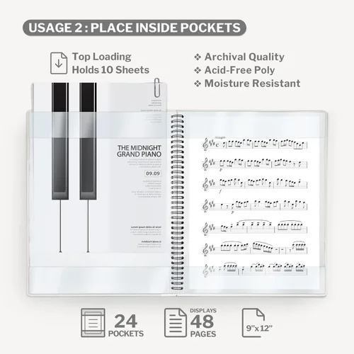 Miniatura 4 de CRANBURY Carpeta de partituras de 9 x 12 pulgadas, soporte de música de doble uso (negro), almacena páginas dentro de 24 fundas protectoras o anota
