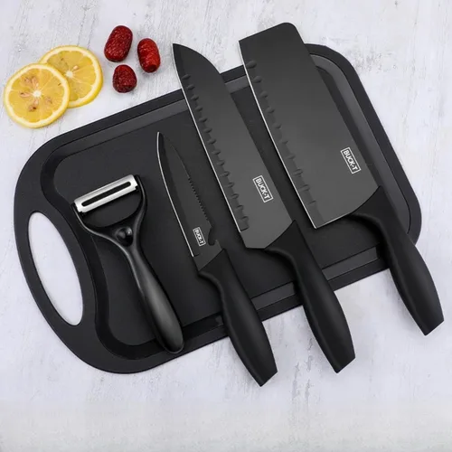 Miniatura 4 de Juego de cuchillos de cocina negros de 7 piezas con soporte y tabla de cortar, cuchillos de acero inoxidable antiadherentes con tijeras y pelador