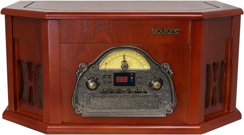 Miniatura 3 de Boytone BT-25CH 8-en-1 Sistema de tocadiscos clásico de madera natural estéreo con conexión Bluetooth, reproductor de discos de vinilo, AM/FM, CD