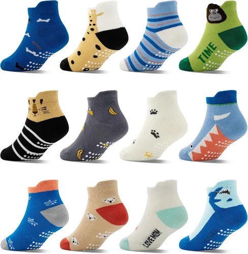 Tphon Calcetines tobilleros antideslizantes para bebés y niños pequeños con agarres para niños y niñas, 12 pares para bebés y niños de 0 a 7 años