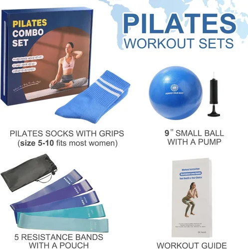 Miniatura 2 de floconssy Pilates Ball Resistance Bands Grip Socks Barre Sets, Loop Exercise Bands 5 Levels, Small Yoga Ball 9 Inch, Non Slip Socks Workout Kit at