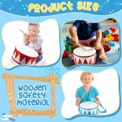 Miniatura 6 de Boao Juego de 2 tambores para niños, tambor de juguete de madera de 8 pulgadas para niños pequeños con correa ajustable y 4 baquetas, instrumento