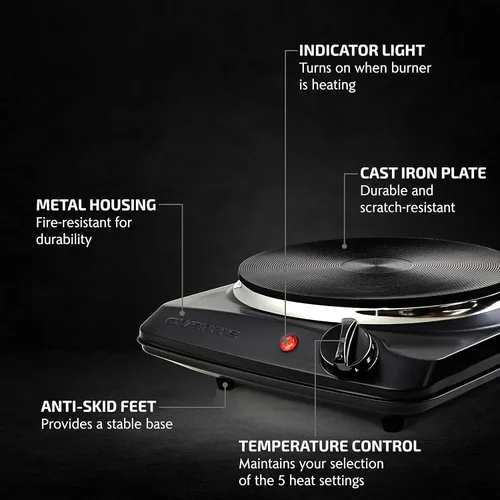 Miniatura 2 de OVENTE Electric Countertop Single Burner,1000W Cooktop with 7.25 Inch Cast Iron Hot Plate,5 Level Temperature Control,Compact Cooking Stove &Easy to