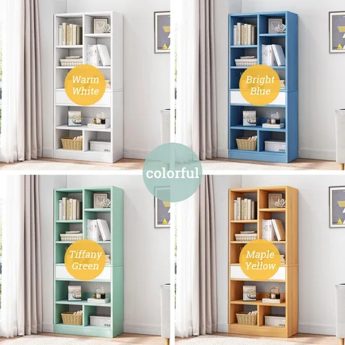 Miniatura 4 de IOTXY - Estantería de madera con espacios abiertos, 51" de altura, organizador de almacenamiento con 7 cubos y un cajón, estante de piso, color azul