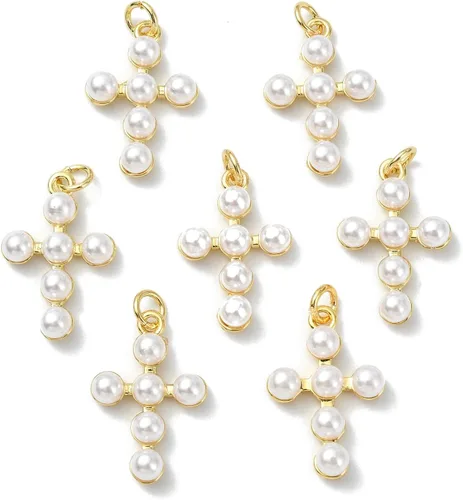 LiQunSweet 10 Pcs Golden Color Cross Brass Charms Religious Imitation Pearl Crucifix Jesus Charms for DIY Jewelry Necklace Craft Bag Decoration