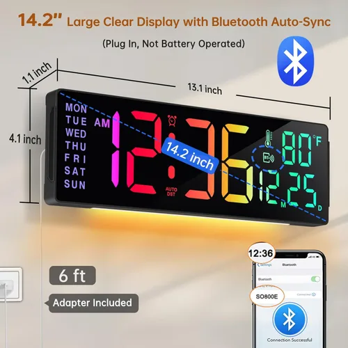 Miniatura 2 de Soobest Reloj de pared digital grande de 14.2 pulgadas, sincronización automática de hora/fecha/día, pantalla LED grande, temporizador de cuenta