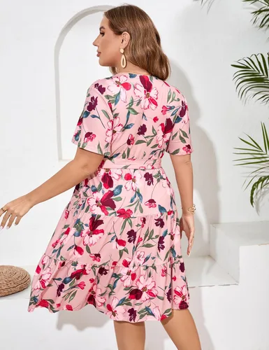 Miniatura 6 de KOJOOIN Vestido cruzado con cuello en V para mujer, talla grande, cintura alta, manga corta, vestido midi casual de verano con cinturón