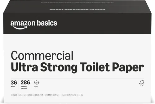 AmazonCommercial Papel higiénico blanco ultra fuerte de 2 capas, certificado FSC, seguro séptico, 286 hojas por rollo, 36 rollos