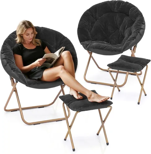 Athena Collection Silla platillo con otomana, moderna silla redonda plegable y acogedora, piel sintética negra, capacidad de peso de 300 libras,