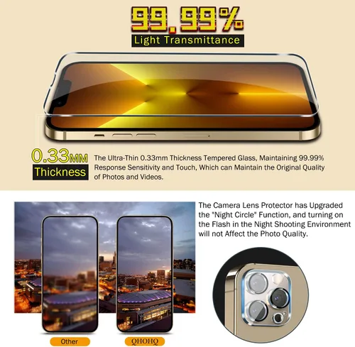 Miniatura 5 de QHOHQ Paquete de 3 protectores de pantalla para iPhone 13 Pro de 6.1 pulgadas con 3 protectores de lente de cámara de vidrio templado, Ultra HD