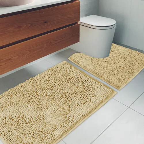 Miniatura 3 de Juego de 2 tapetes de baño de chenilla, superabsorbentes, con fuerte respaldo antideslizante de PVC, tapetes de baño para baño, peludos