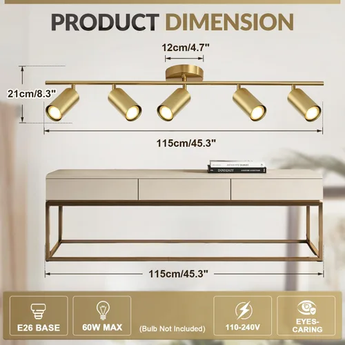 Miniatura 2 de BOKT Luminarias de pista LED de 5 luces para techo dorado moderno, foco de 5 direcciones, iluminación interior de pista lineal vintage de mediados 5