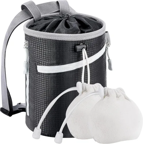 Miniatura 8 de Bolsa de tiza para escalada en roca, bolsa de bouldering, 2 cremalleras impermeables para gimnasia, ajuste cruzado y levantamiento (grande)