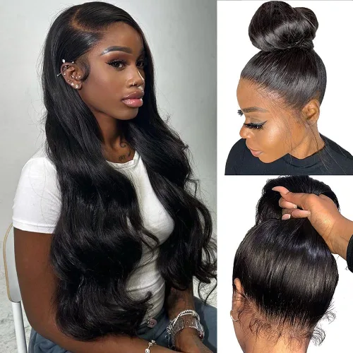 Miniatura 49 de Aaliweya Peluca de encaje frontal 360 HD con encaje frontal 360, peluca de cabello humano para mujer, densidad 180, prearrancada, sin pegamento, 1B