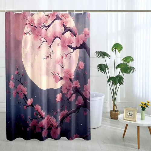 Miniatura 10 de Cortina de ducha japonesa Fuji Mountain de cerezo asiático, cortina de ducha con diseño de anime, decoración de baño, tela de poliéster, 62 x 72 Azul