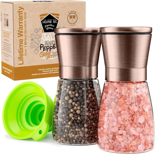 Miniatura 7 de Home EC Juego de 2 molinillos de sal marina y pimienta de acero inoxidable originales, de cerámica ajustable, salero y pimentero de cristal, Vidrio