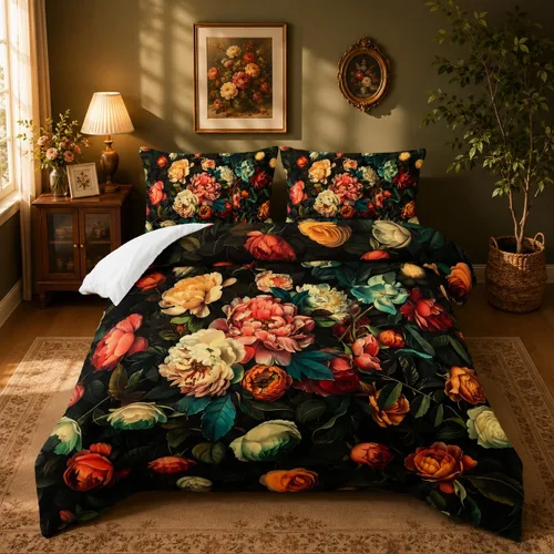 Miniatura 10 de Juego de edredón floral colorido de 3 piezas, juego de ropa de cama botánica bohemia tamaño queen, diseño boho de granja con flores y hojas impresas