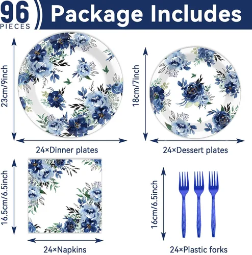 Miniatura 2 de 96 piezas de platos de fiesta de peonía, servilletas, juego de vajilla, flores azules, suministros desechables para cenas, decoración de fiesta azul