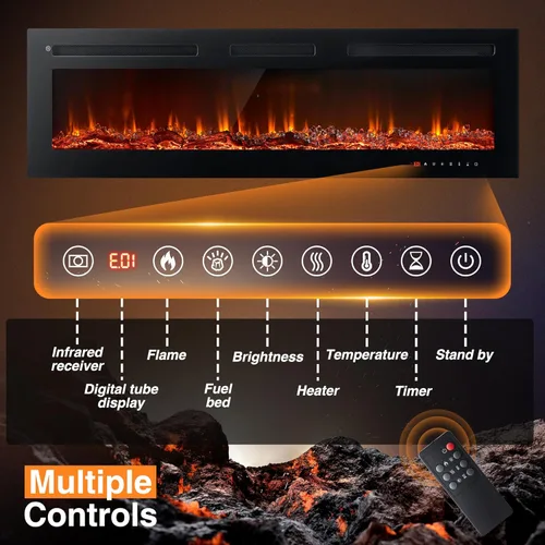 Miniatura 3 de oneinmil - Chimenea eléctrica de 50 pulgadas de ancho para empotrar/montar en pared, chimenea eléctrica con control remoto con temporizador, 12
