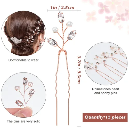 Miniatura 2 de 12 horquillas para el pelo de novia, accesorios de cristal, perlas de diamantes de imitación para novias, damas de honor, accesorios de boda Oro rosa