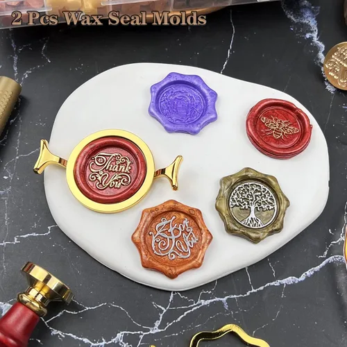 Miniatura 4 de Kit de sellos de cera con caja de regalo, 672 piezas de cuentas de sello de cera, 4 piezas de sellos de cera, 2 piezas de moldes de sellado de cera