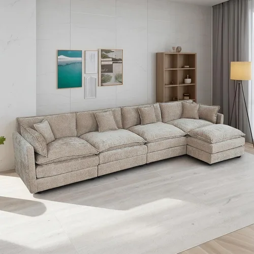Miniatura 25 de Setawix Sofá Profundo de 3 Plazas con Otomana, Sofás de Nube en Forma de L de 112.2" para Sala de Estar, Sofá de Nube de Chenilla con Asiento Café