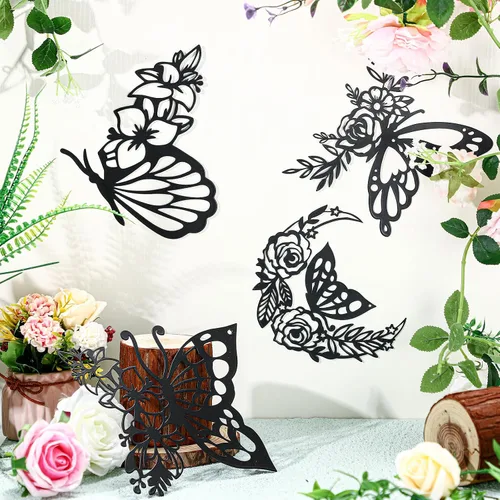 Miniatura 5 de LOYIM 4 piezas de decoración de pared de mariposa de metal, decoración de pared de hojas de metal, fases lunares, floral, bohemio, para colgar