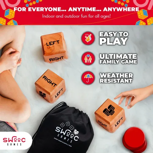 Miniatura 3 de SWOOC Games® - Juego de dados gigantes, derecha, centro, izquierda (para cualquier clima) con 24 fichas grandes y bolsa de transporte - Juego