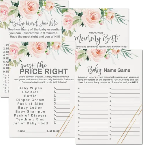 Graceful - Juegos florales para baby shower, 25 cada uno, adivina el precio correcto, Baby Shower Word Scramble, Baby Name Race y Who Knows Mommy