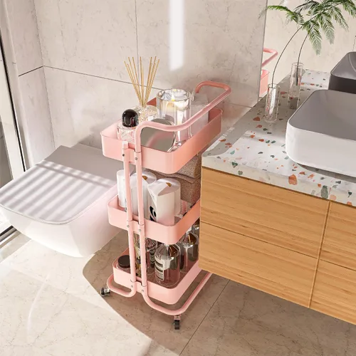 Miniatura 4 de Carrito de almacenamiento con ruedas de metal, carrito utilitario de 3 niveles con ruedas, organizador multifuncional para cocina, dormitorio, Rosa