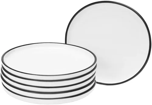 Platos pequeños de porcelana de 6 pulgadas, color blanco con bordes negros, platos para servir, postre, ensalada, aperitivos, juego de 6