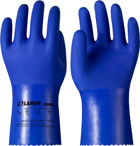 LANON Guantes de PVC resistentes a productos químicos, guantes de goma de alta resistencia, protección de ácidos, álcali y aceite, antideslizantes,