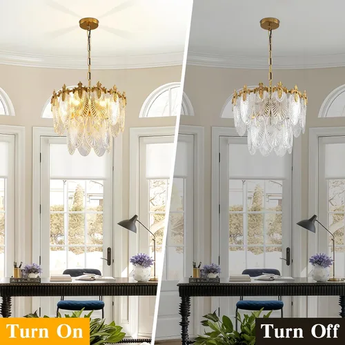 Miniatura 5 de Antique Chandeliers 2-Layer Gold Crystal Glass Chandelier, 4-Light Round Pendant Light 17.7" Brushed Brass Adjustable Height, Applicable to Dining