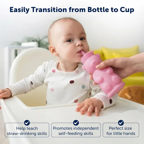 Miniatura 5 de Silipint Honey Bear - Vaso con popote para bebés, tapa suave de silicona de grado alimenticio, apto para lavavajillas, ligero y fácil agarre, Rosa