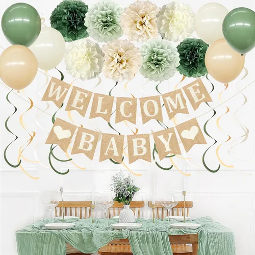 Miniatura 7 de Kit de decoración de fiesta de baby shower, pancarta de arpillera de corazón de bebé con flores de tejido verde salvia, pompones, fieltro, remolino