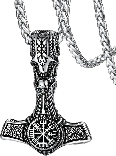 FaithHeart Viking Thor's Hammer Talisman Necklace for Men, Vintage Norse Mjolnir Amulet Pendant, Stainless Steel Jewelry