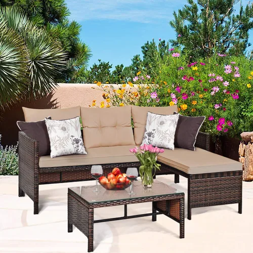 Miniatura 3 de Tangkula juego de sofá de esquina para patio de 3 piezas, juego de sofá de ratán para exteriores, incluye chaise lounge, sofá doble y mesa auxiliar
