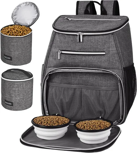 BAGLHER Mochila de viaje para perros, mochila de suministros para mascotas aprobada por aerolíneas, mochila de viaje para perros con 2 cuencos Gris